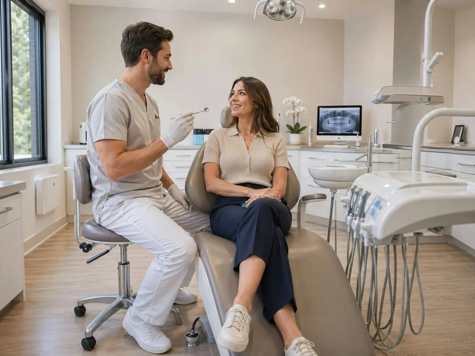 Un odontólogo conversa con su paciente en el consultorio