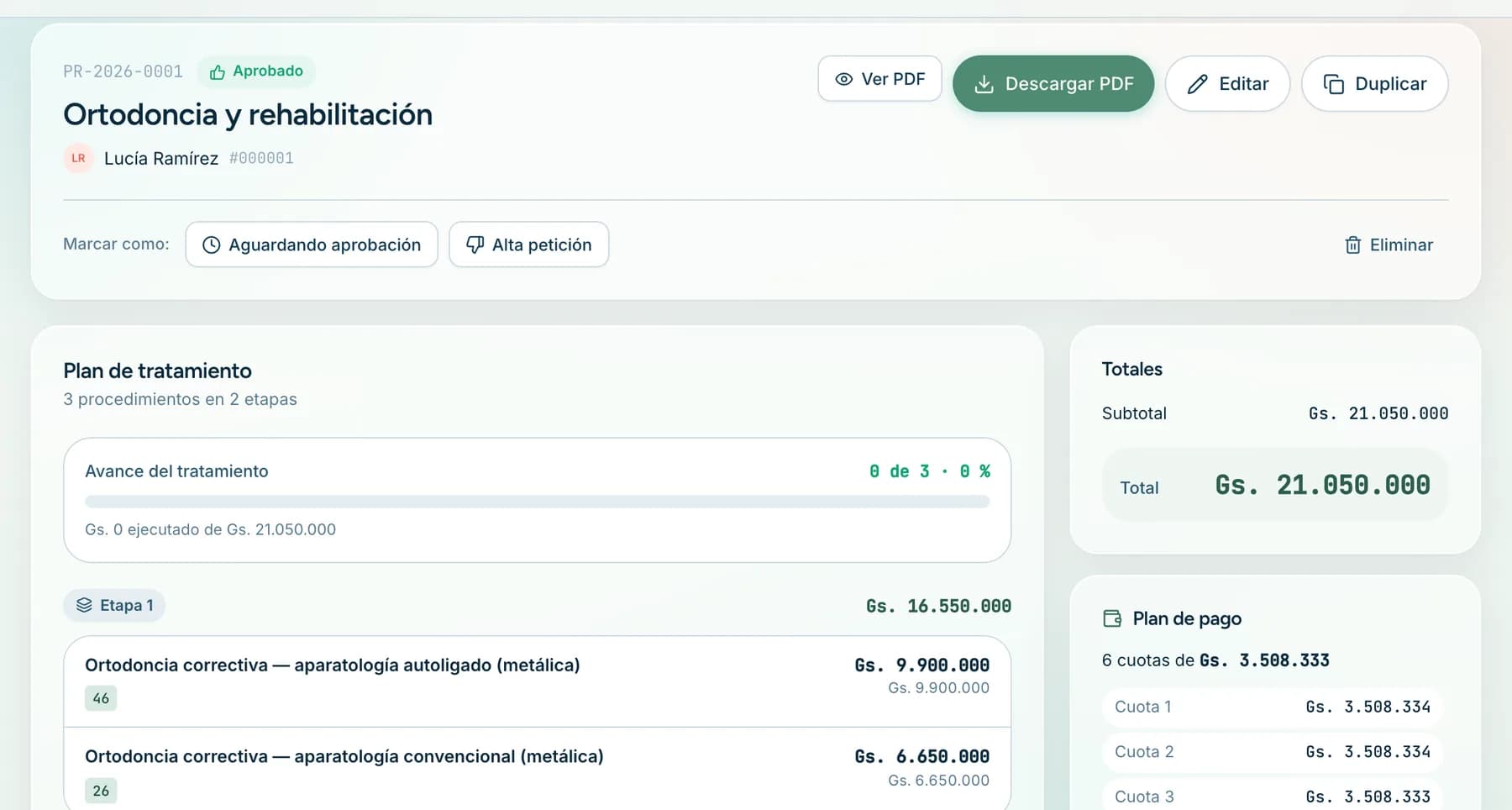 Un plan de tratamiento por etapas con el plan de pago en 6 cuotas